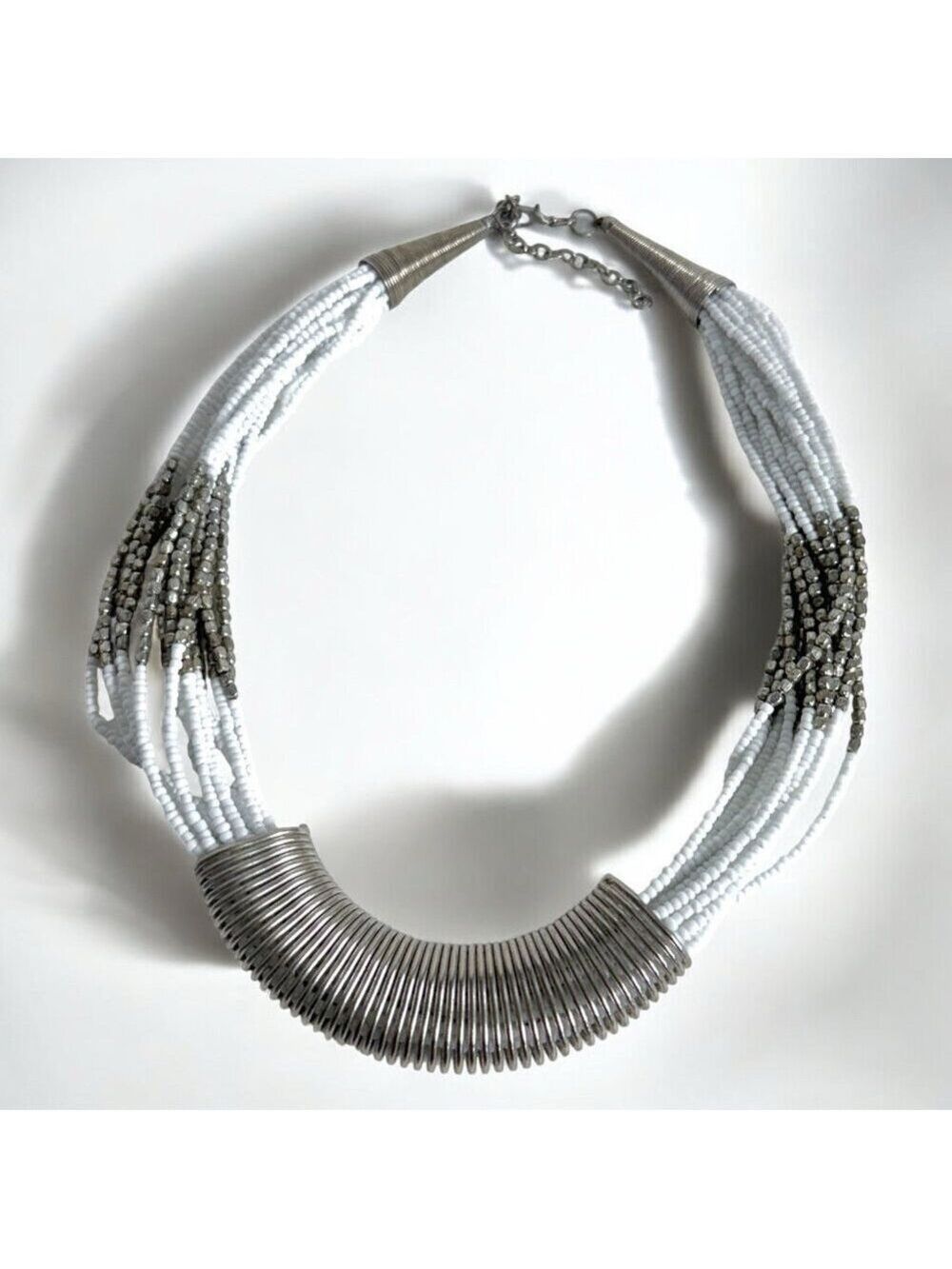 Vintage White and Silver Glass Bead Multi Strand Necklace